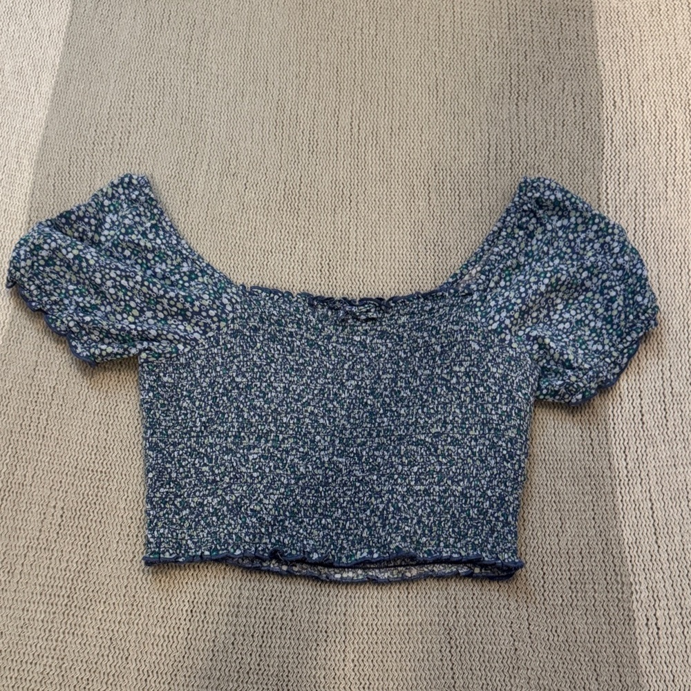 aerie Blue Floral Smocked Puff-Sleeve Crop Top